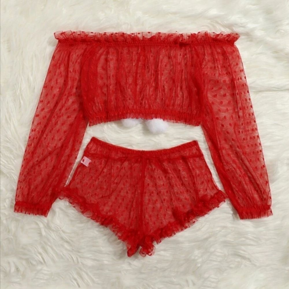 Red Lace Off Shoulder Lingerie Set - Picture 2 of 4